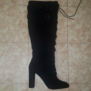 Black knee high boots lace/zip up with buckles